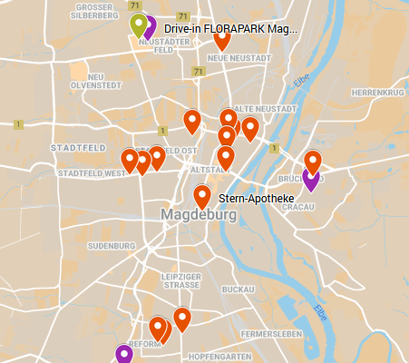 Kartem mit Antigen-Schnelltestorten in Magdeburg