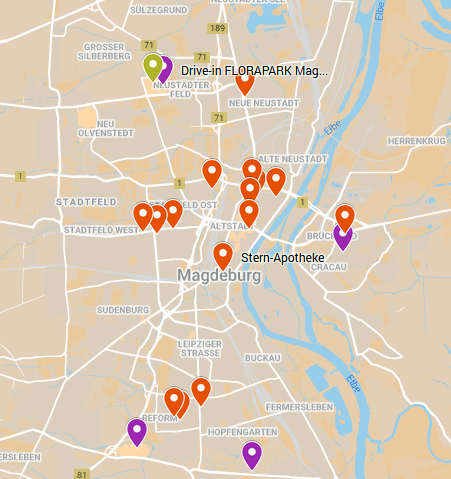 Kartem mit Antigen-Schnelltestorten in Magdeburg