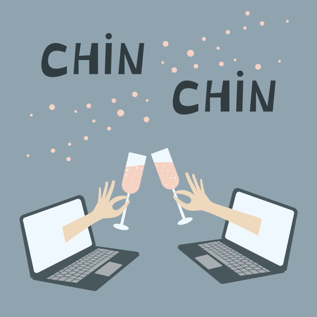 Having party with friends during quarantine. Stay at home and celebrate together. Chin-chin champagne glasses. Lettering typography poster with text for self quarantine times.