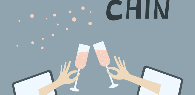 Having party with friends during quarantine. Stay at home and celebrate together. Chin-chin champagne glasses. Lettering typography poster with text for self quarantine times.